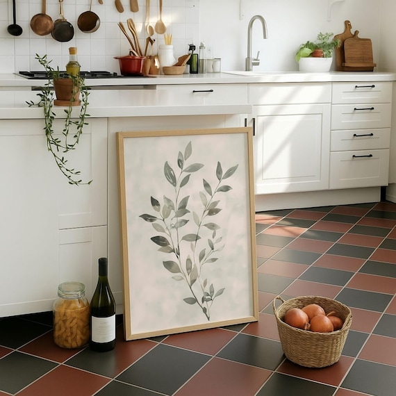 Minimalist Sage Green Leaves Art Print, Boho Farmhouse