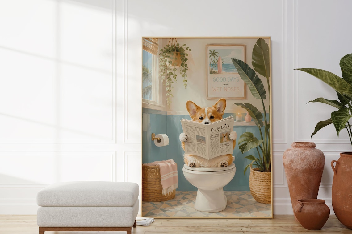 Funny Corgi on Toilet Reading Newspaper Bathroom Decor Poster