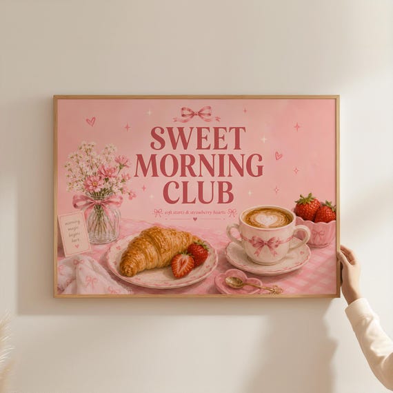 Danish Pastel Sweet Morning Club Poster Cute Pink Coquette Breakfast Wall Art Coffee Croissant Strawberry Print Girly Kitchen Decor