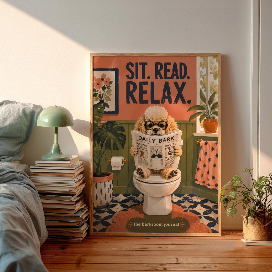 Sit Read Relax Poodle On Toilet Reading Daily Bark Newspaper Funny Poster