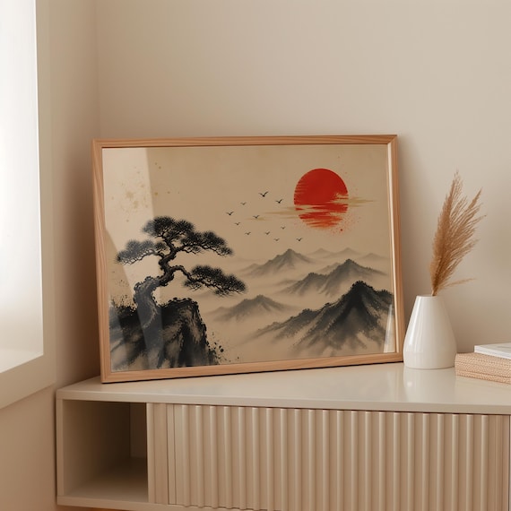 Digital Download Japanese Art Bonsai Tree Poster Printable Rising Sun Vintage Landscape Zen Mountain Wall Decor Asian Paint File