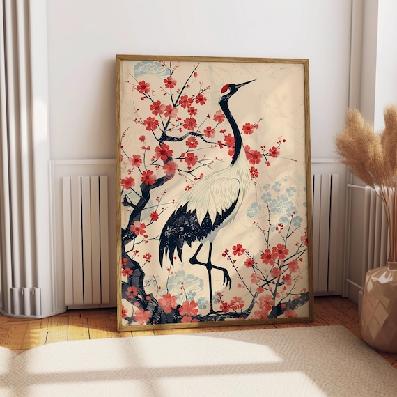 Ukiyoe Style Poster, Crane Sakura Japanese Art Print