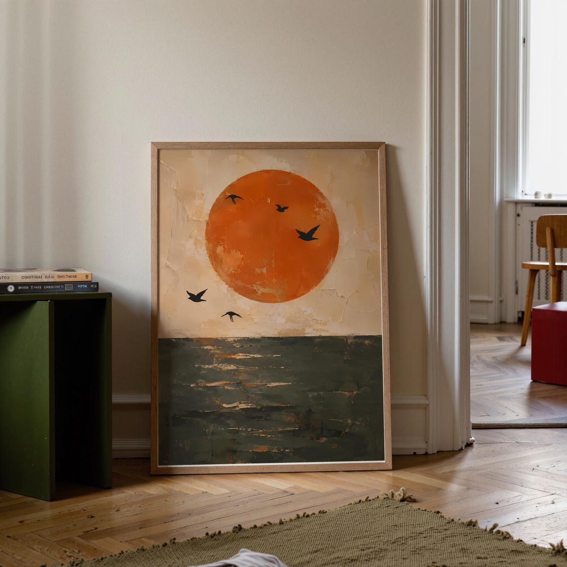 Large Orange Sun Over Dark Sea With Birds Minimal Painting Poster