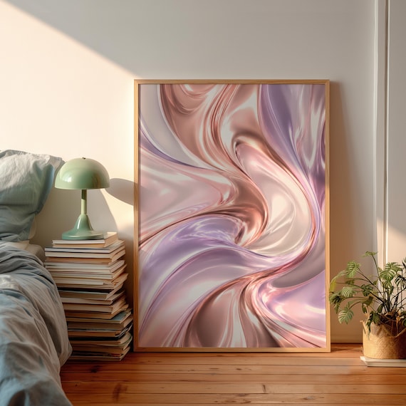 Rose Gold Liquid Chrome 3D Fluid Abstract Pastel Swirl Wall Art