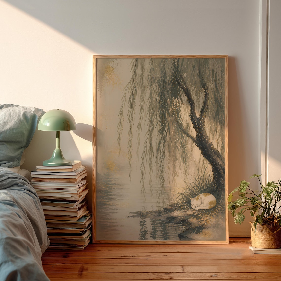 Sleeping Cat Japandi Zen Art Print, Willow Landscape