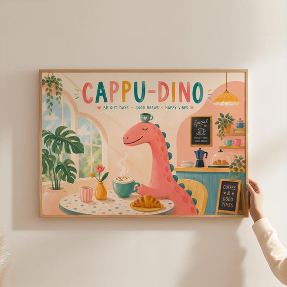 Dopamine Decor Cute Dinosaur Poster Cappuccino Dino Coffee Lover Gift Colorful Aesthetic Room Wall Funny Cafe Chalkboard Art