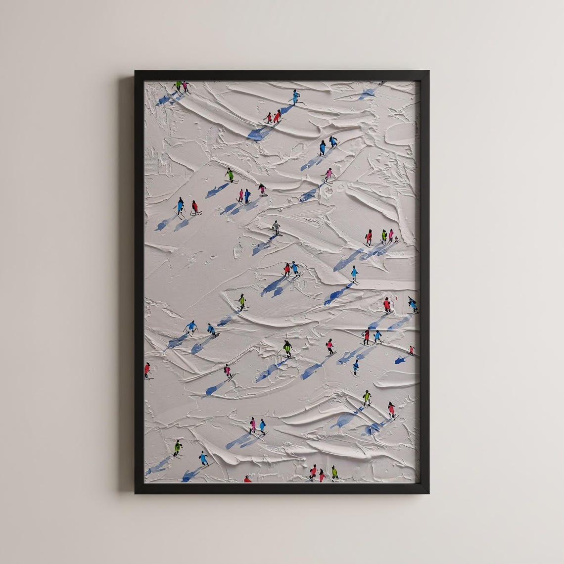 Tiny Skiers Textured Snow Impasto Modern Ski Slope Art Print