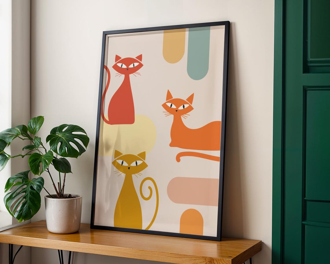 Retro Mid Century Modern Trio Of Cats Minimalist Colorful Decor Print