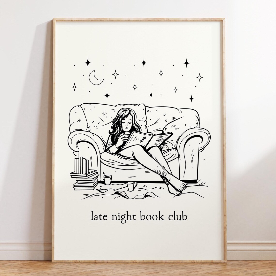 Late Night Book Club Line Art of Woman Reading on Sofa Poster - Image 4