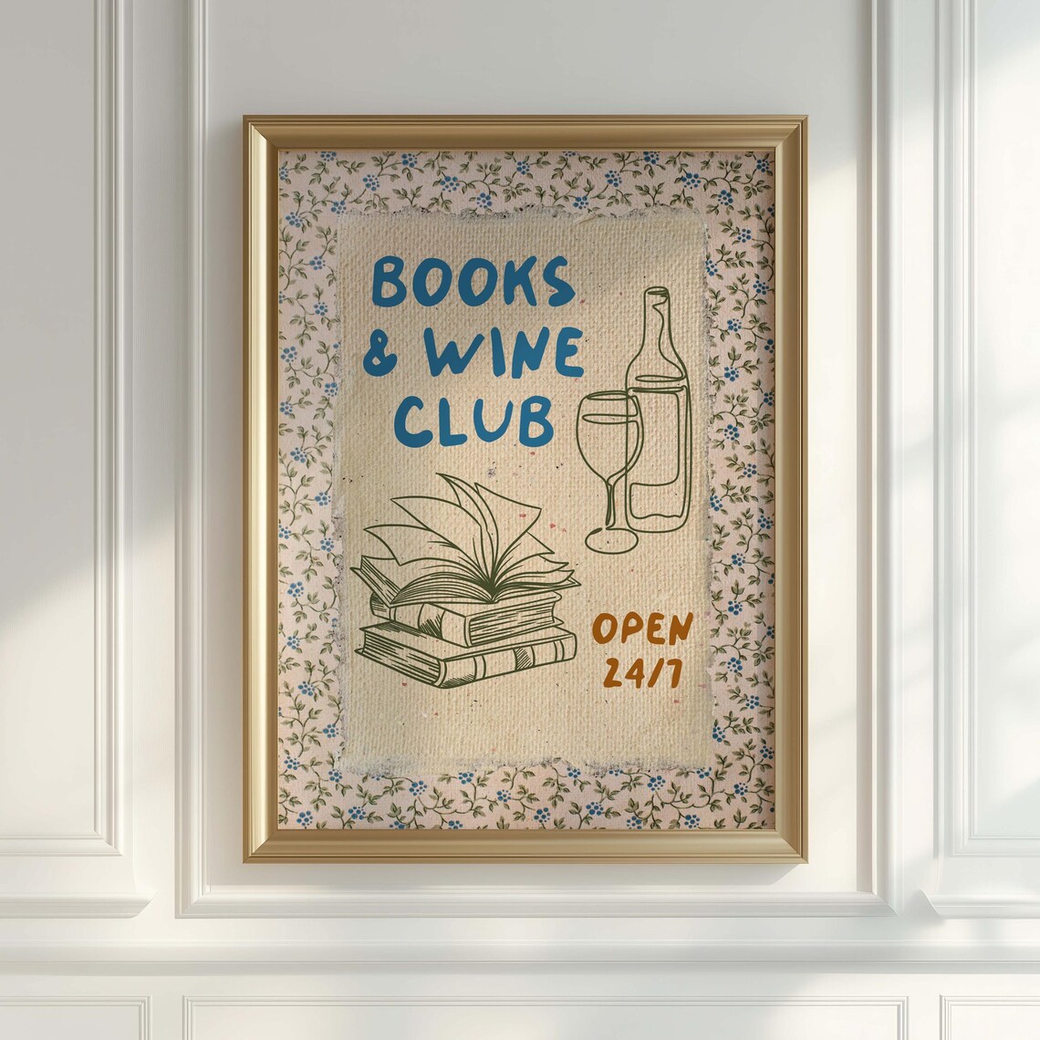 Blue Books and Wine Club Open 24/7 Floral Vintage Reading Poster - Image 4