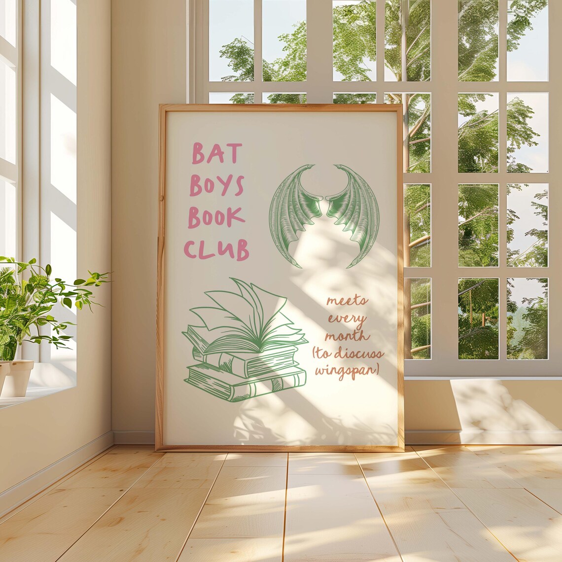 Bat Boys Book Club Pink Lettering Green Wings Book Art Poster - Image 5