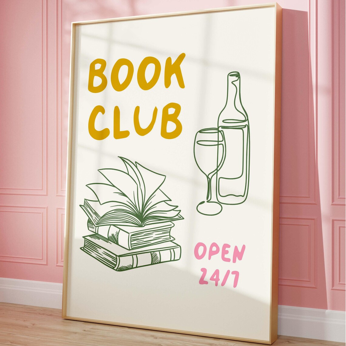 Yellow Book Club Open 24/7 Green Line Art Wine Reader Poster - Image 5