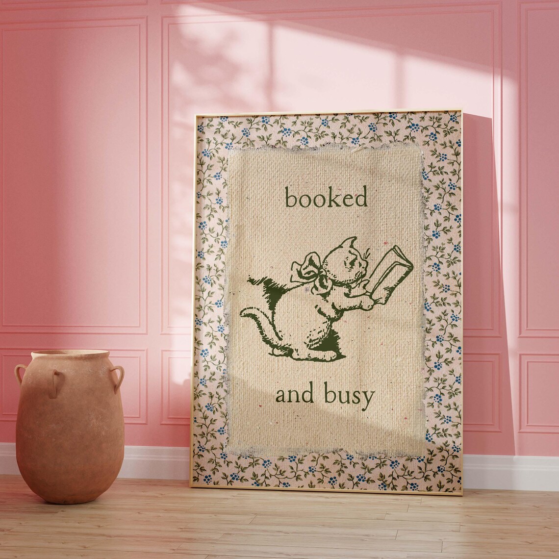 Booked and Busy Kitten Reading Vintage Green Floral Mat Poster - Image 4