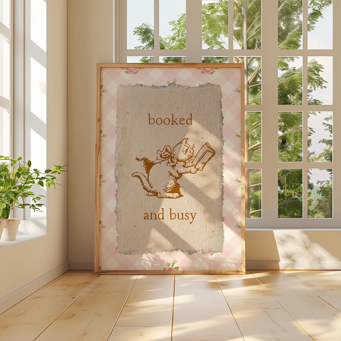 Booked and Busy Vintage Kitten Reading Gingham Border Poster - Image 2