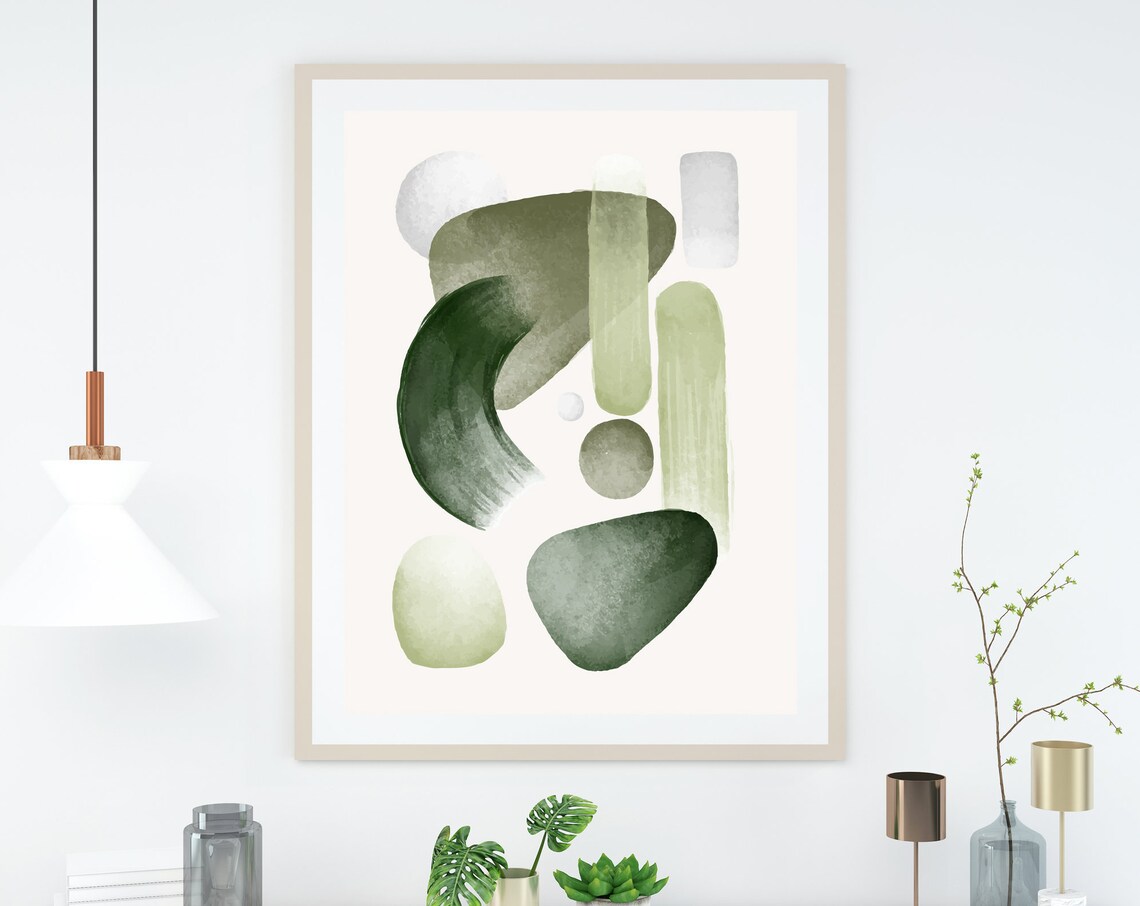 Sage Green Abstract Watercolor Shapes Modern Neutral Poster Art