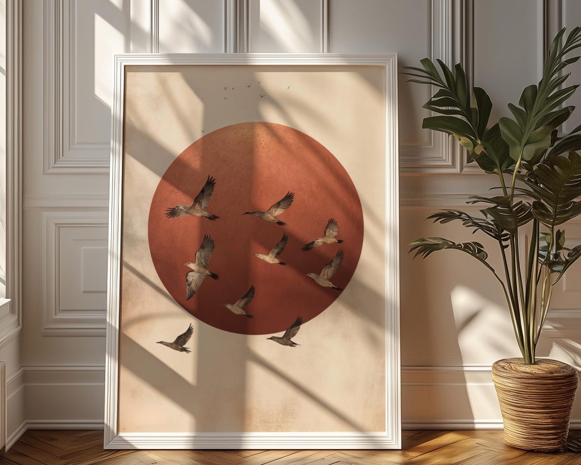 Flock of Birds Flying Across Copper Sun Minimalist Nature Poster - Image 2