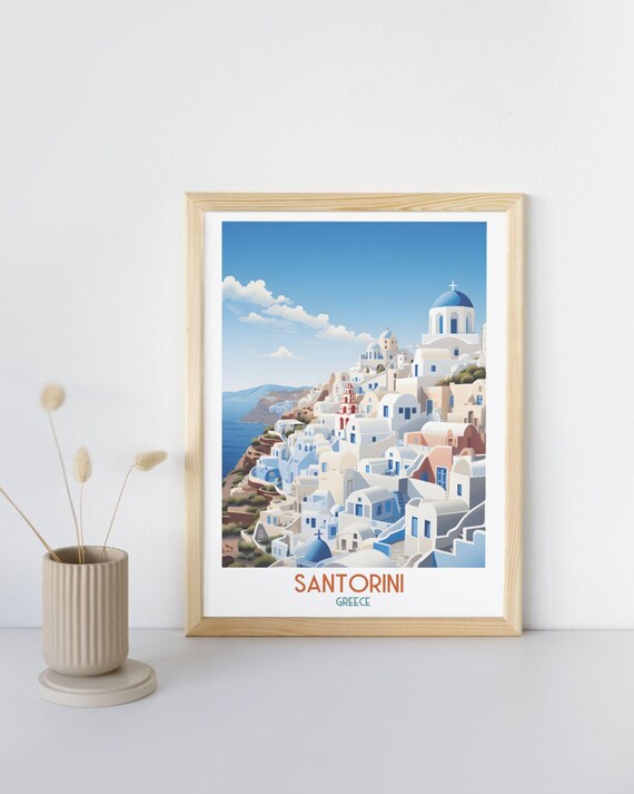 Santorini Whitewashed Village Blue Dome Churches Sunny Caldera Poster