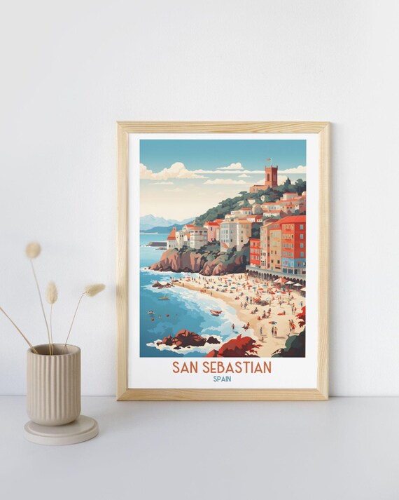 San Sebastian Spain Beach Cove Colorful Cliffs Bustling Shore Poster