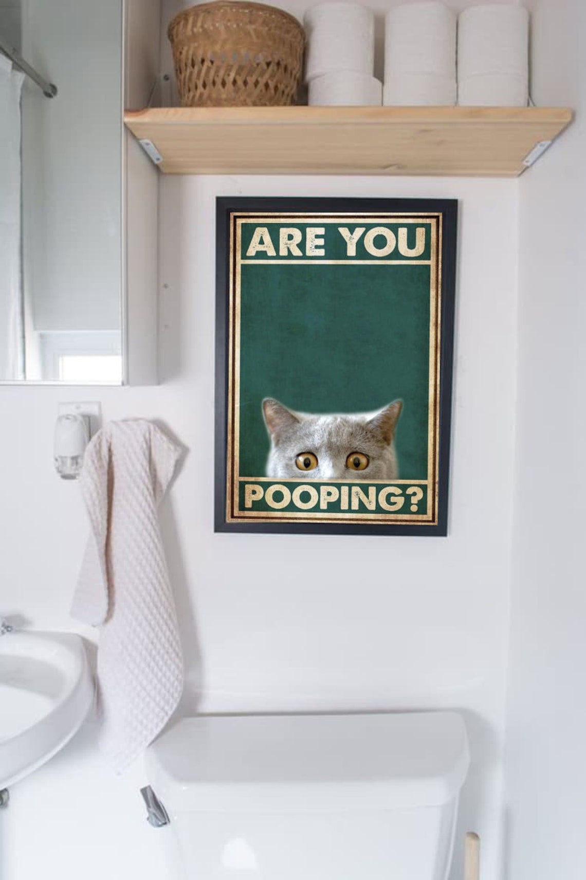 Are You Pooping Gray Cat Peeking Funny Vintage Bathroom Poster - Image 2
