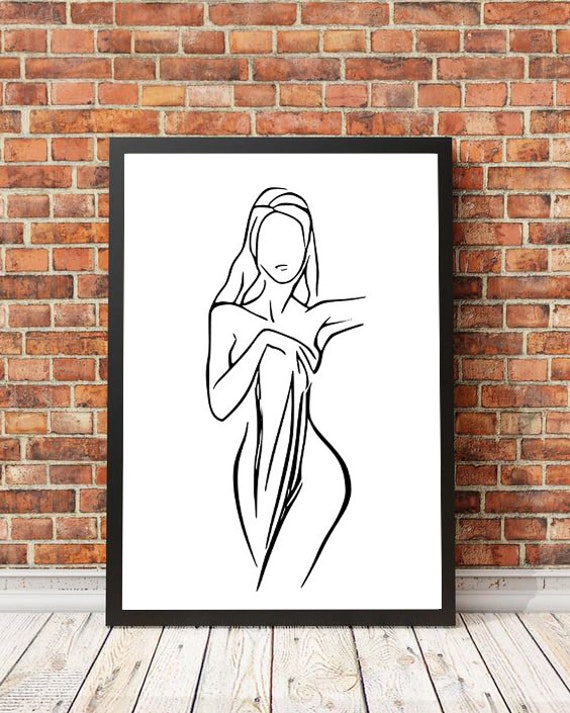 Bathroom Line Art Woman In Towel Line Art Woman Art Bathroom Print Modern Bathroom Prints Bathroom Wall Decor