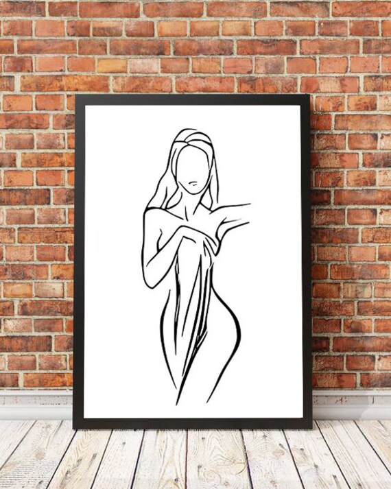 Minimalist Woman In Towel Line Drawing Modern Bathroom Art Poster