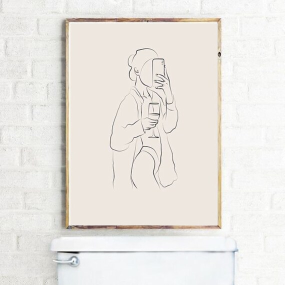 Minimalist Line Art Woman Wine Glass Mirror Selfie Style Poster