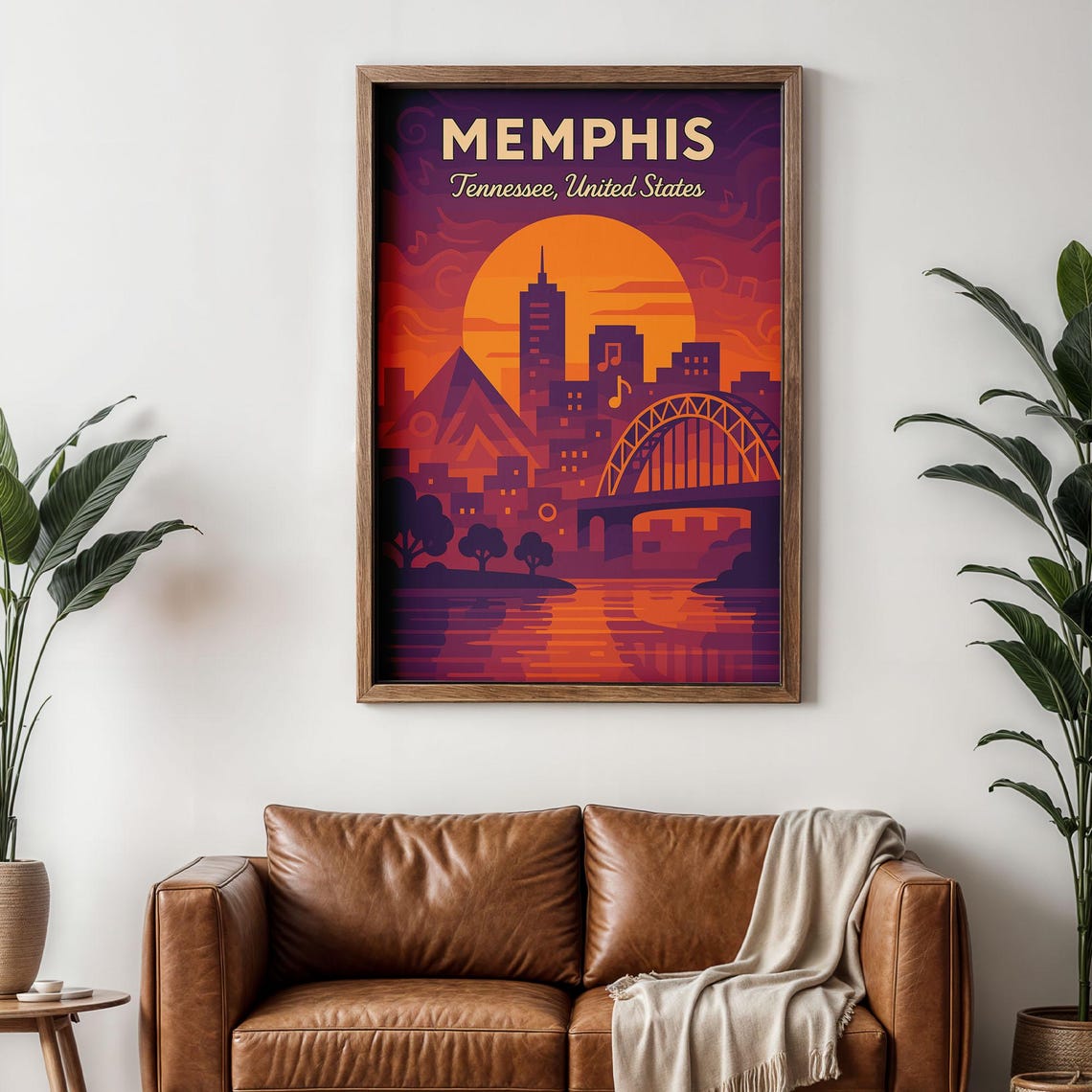 Memphis Tennessee Sunset Skyline Bridge River Music City Travel Poster