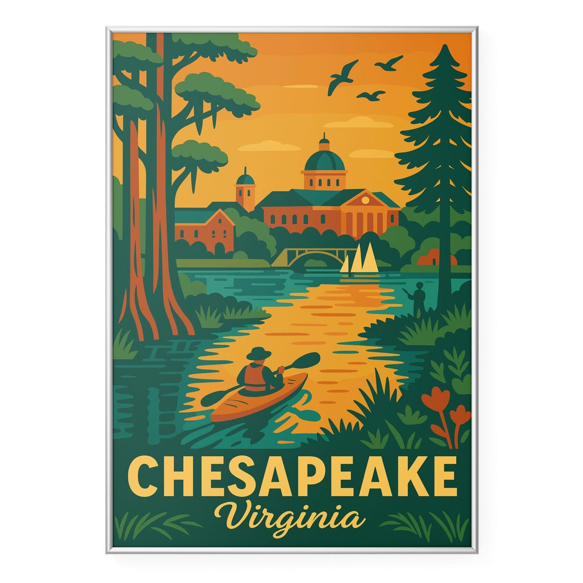 Chesapeake Virginia Sunset Kayaker on Golden River Art Poster