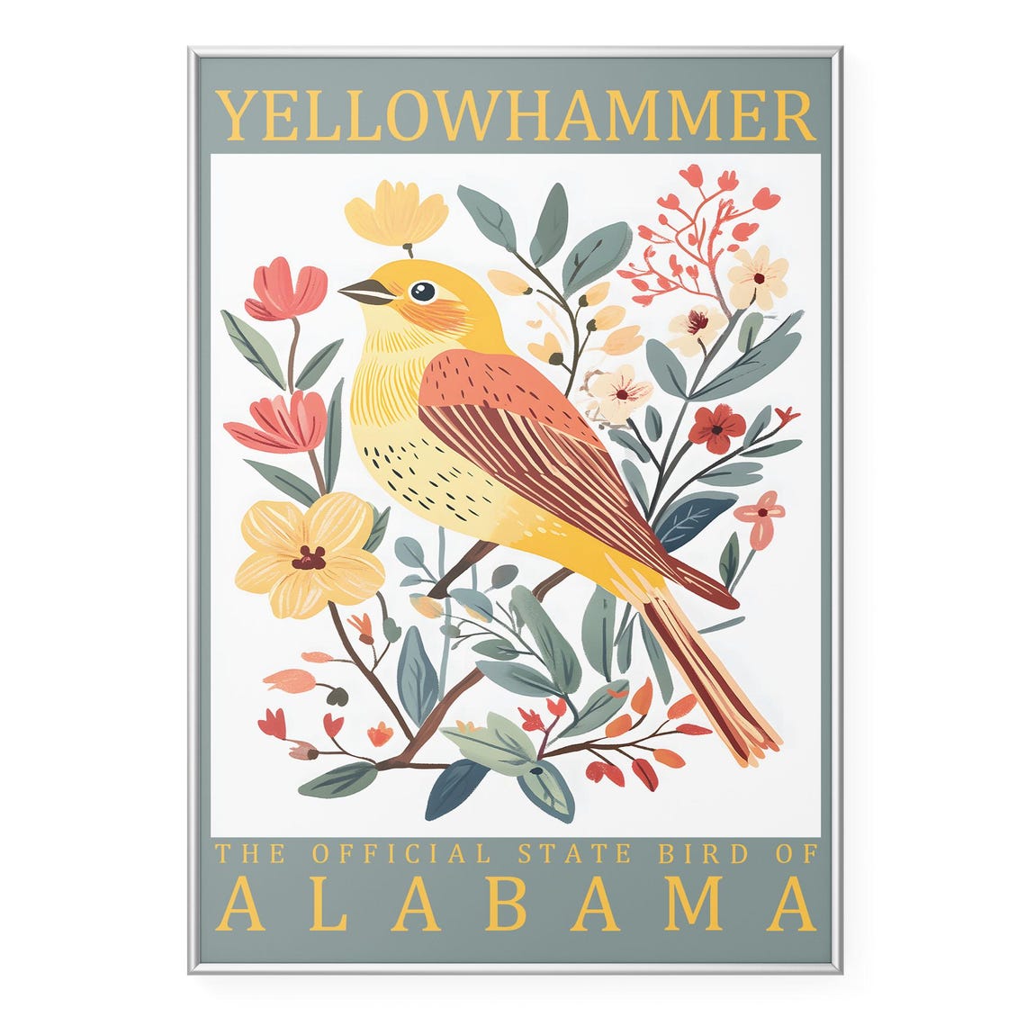 Yellowhammer Alabama State Bird Botanical Illustration Poster