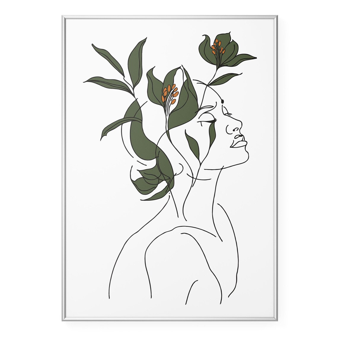 Botanical Woman Profile Line Art Green Leaves Modern Decor Print