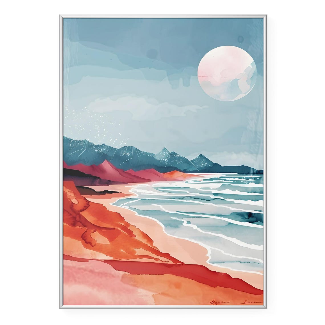 Red Cliff Moonlit Beach With Waves Coastal Watercolor Art Poster