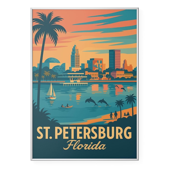 St. Petersburg Florida Sunset Pier Sailboats Dolphin Vintage Poster