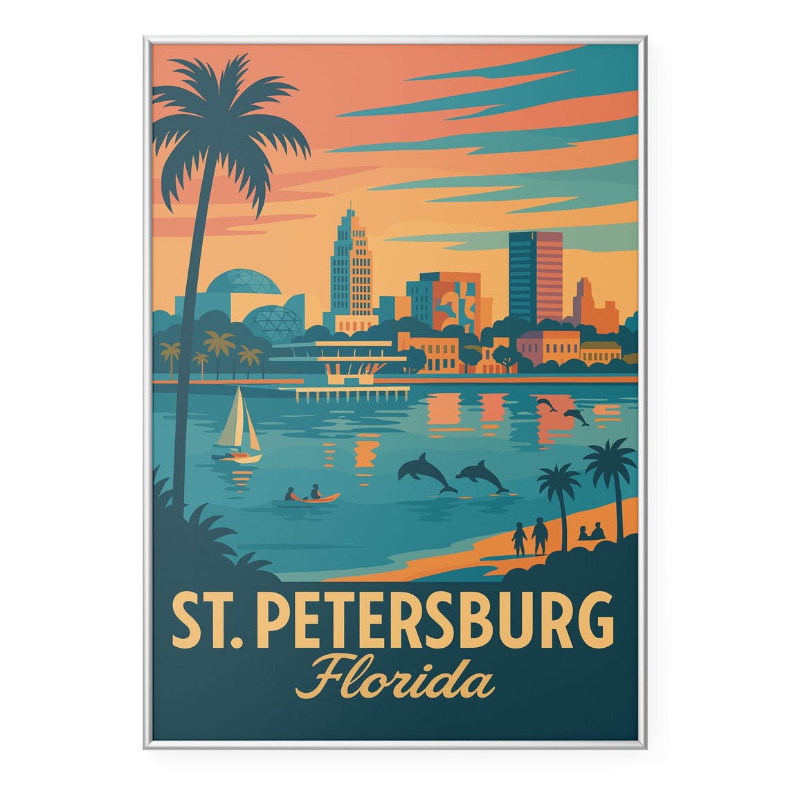 St. Petersburg Florida Sunset Pier Sailboats Dolphin Vintage Poster