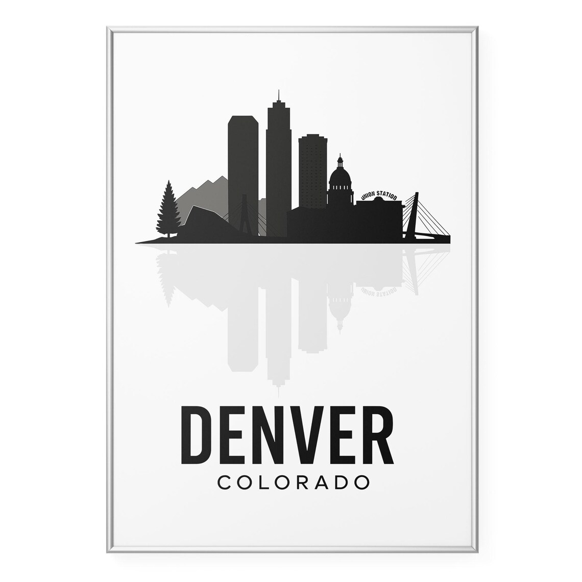 Denver Colorado Black Skyline Silhouette with Union Station Sign Poster