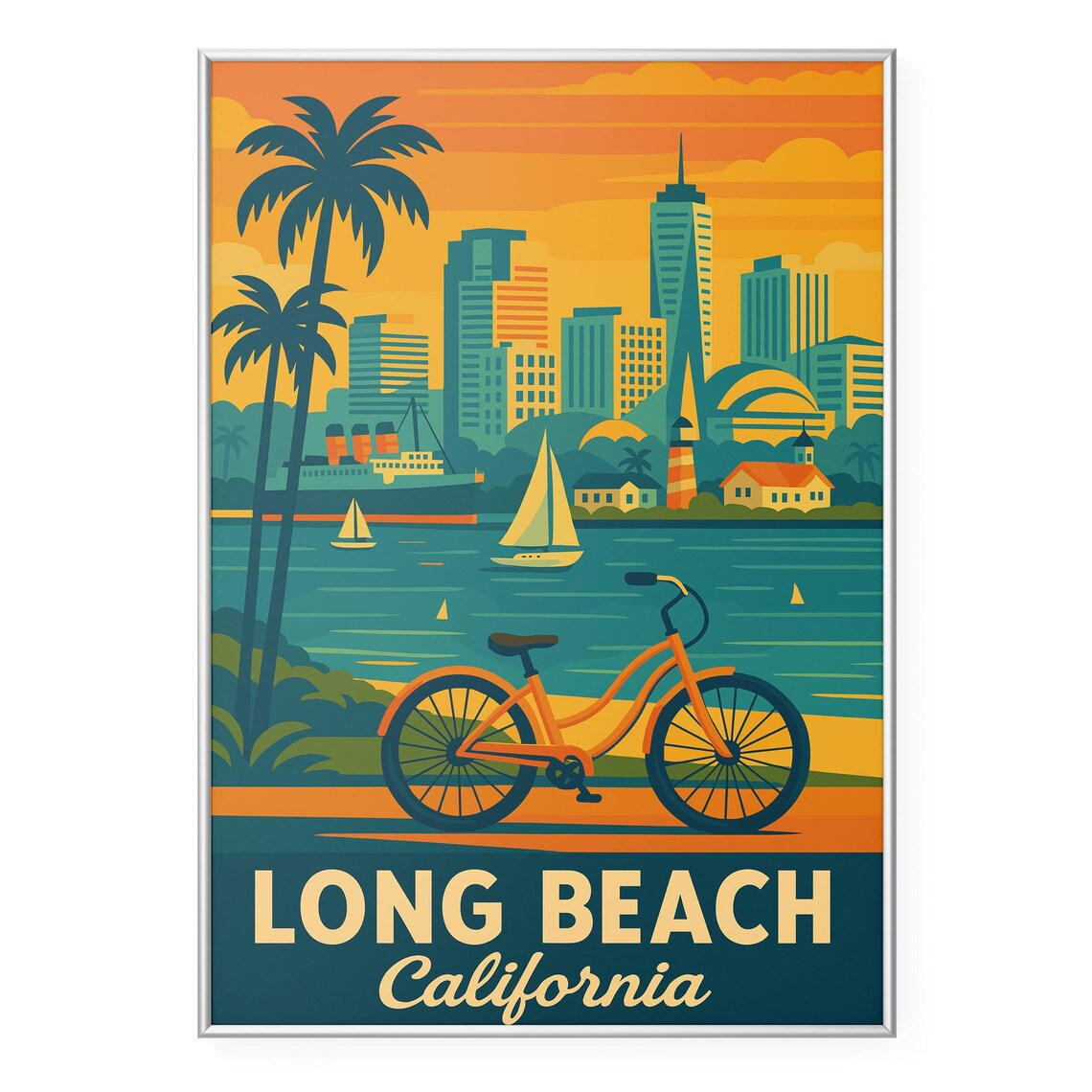 Long Beach California Bicycle Sailboats Harbor Sunset Travel Poster