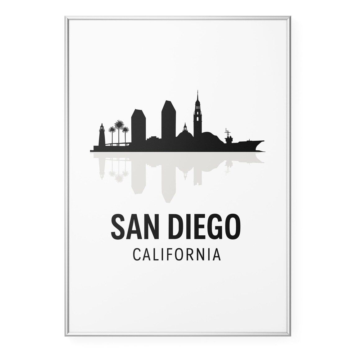 San Diego California Skyline Silhouette Harbor Sailboat Travel Poster