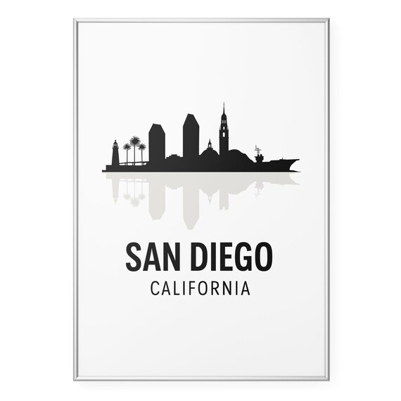 San Diego California Skyline Silhouette Harbor Sailboat Travel Poster