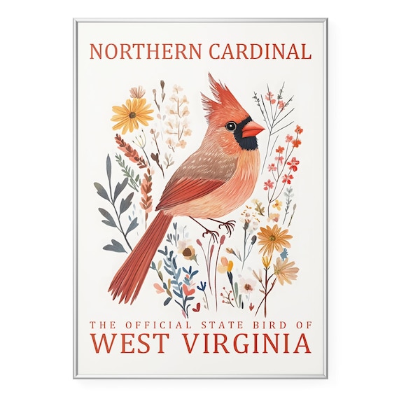 West Virginia State Bird Print Northern Cardinal Wall Art Vintage Botanical Poster Rustic Farmhouse Nature Illustration Decor