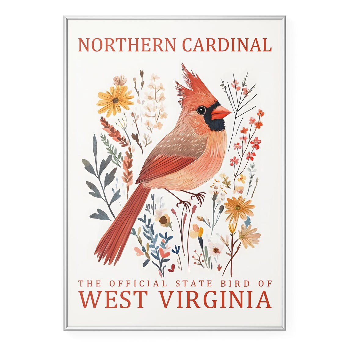 Northern Cardinal West Virginia State Bird Botanical Art Poster
