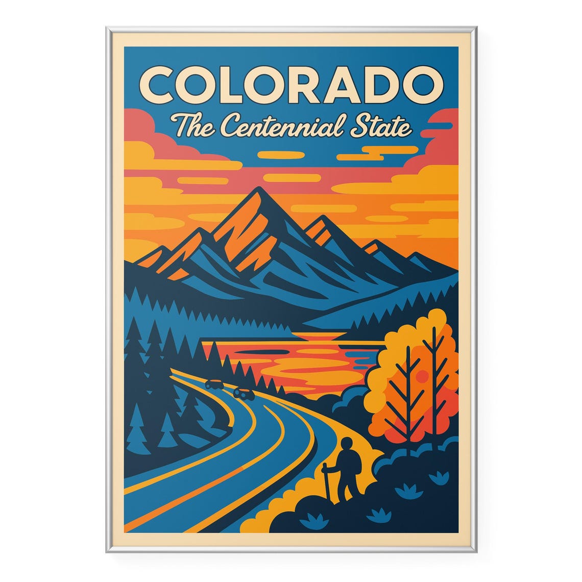 Colorado Centennial State Mountain Road Sunset Travel Poster