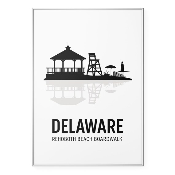 Delaware Rehoboth Beach Boardwalk Silhouette Skyline Coastal Travel Poster