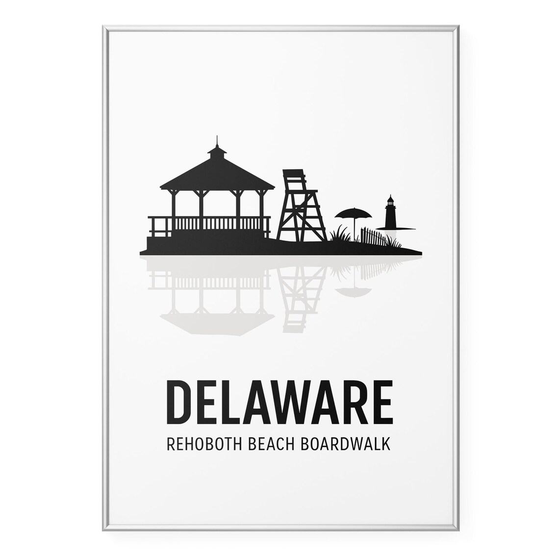 Delaware Rehoboth Beach Boardwalk Silhouette Skyline Coastal Travel Poster