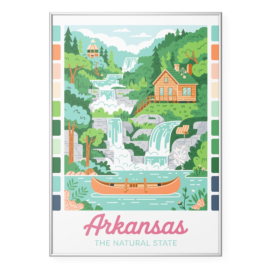 Arkansas The Natural State Waterfall Cabin Canoe Forest Retro Travel Poster