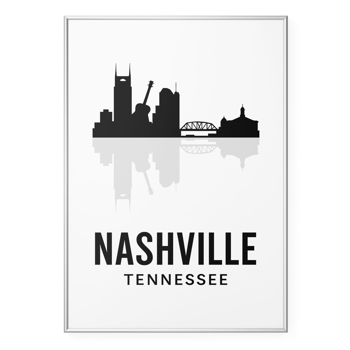 Nashville Tennessee Black Skyline Silhouette with Guitar Music Poster