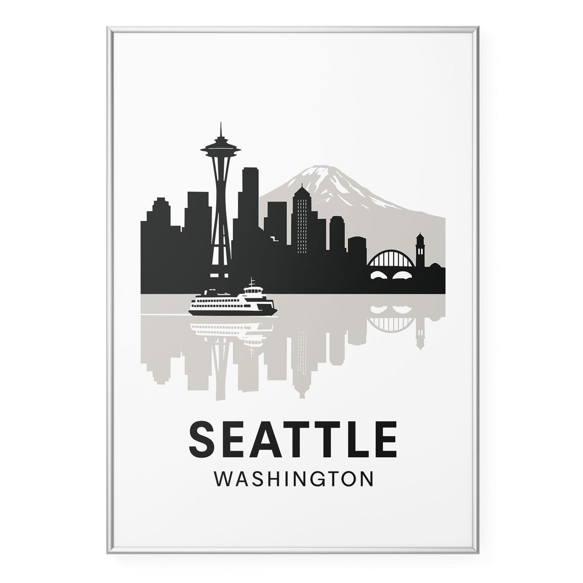 Seattle Skyline Silhouette with Space Needle and Mount Rainier Poster