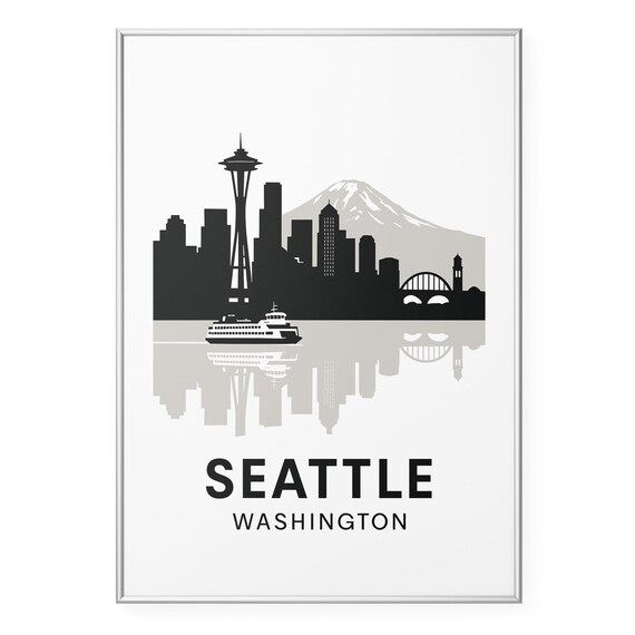 Seattle Skyline Silhouette with Space Needle and Mount Rainier Poster