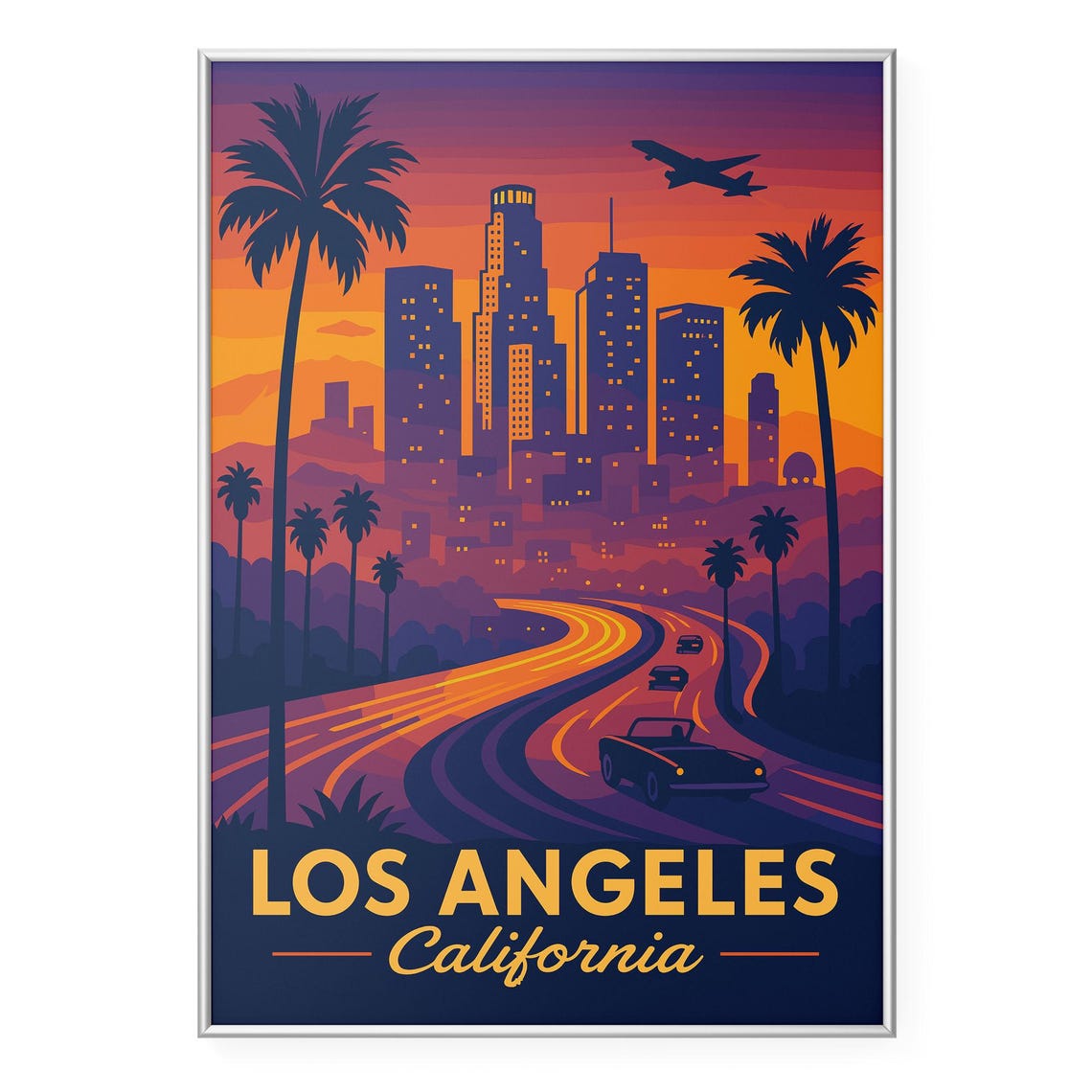 Los Angeles California Sunset Skyline Palm Tree Freeway Travel Poster