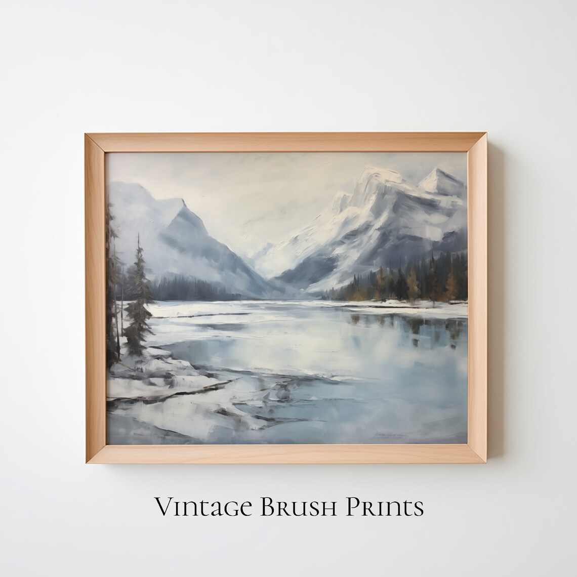 Snowy Mountain Lake Winter Forest Vintage Christmas Landscape Poster