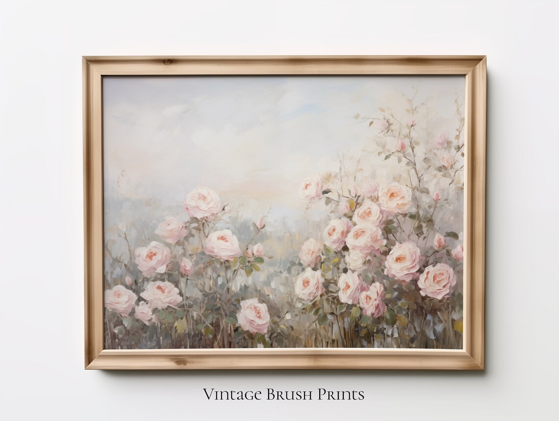 White Roses Garden Oil Painting Romantic Cottage Spring Floral Poster