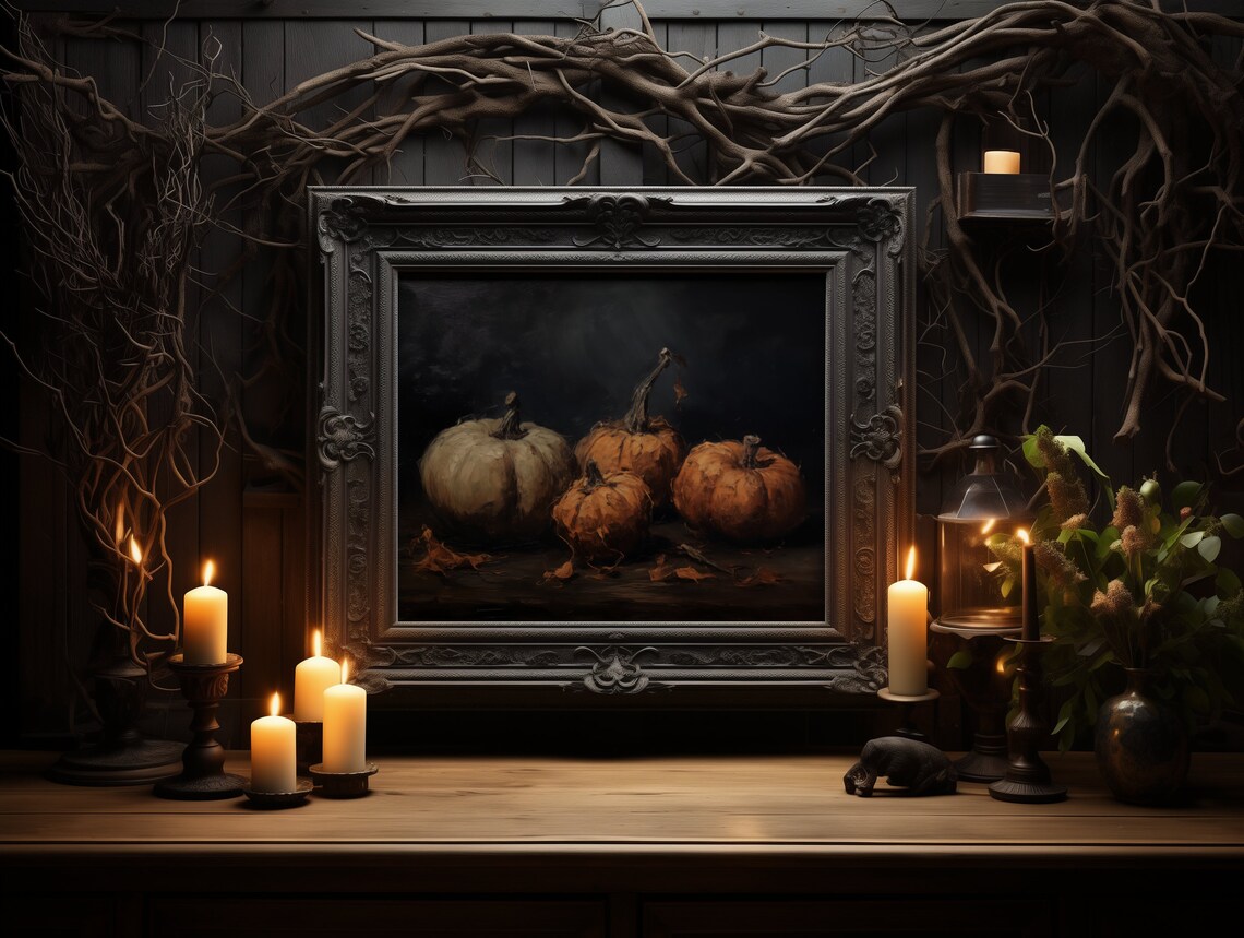 Vintage Pumpkin Still Life Painting Rustic Halloween Decor